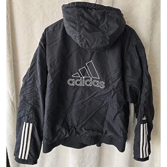 Vintage Adidas Hooded Puffer Full-zip Coat Jacket 3 Stripes Embroidered Logo Med - Picture 1 of 16
